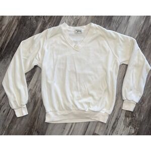 Vintage JCPenney The Fox Velour Sweater Shirt Pullover V-Neck Medium Cream Retro